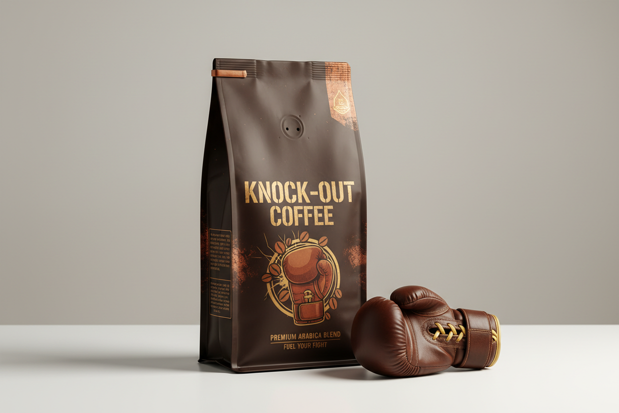 Speacialty coffee with knockout coffe on bag with boxing glove